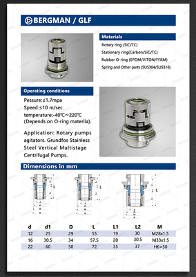 BERGMAN Replace Grundfos GLF-22mm CR CRN CRI Pump Mechanical Seal HQQV HQQE  96525490 96525458